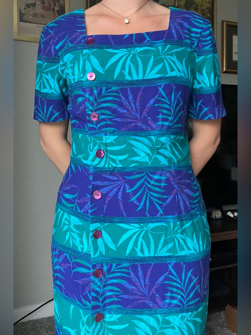 Square-Neck Teal & Royal Blue Maxi Dress with Button Detail